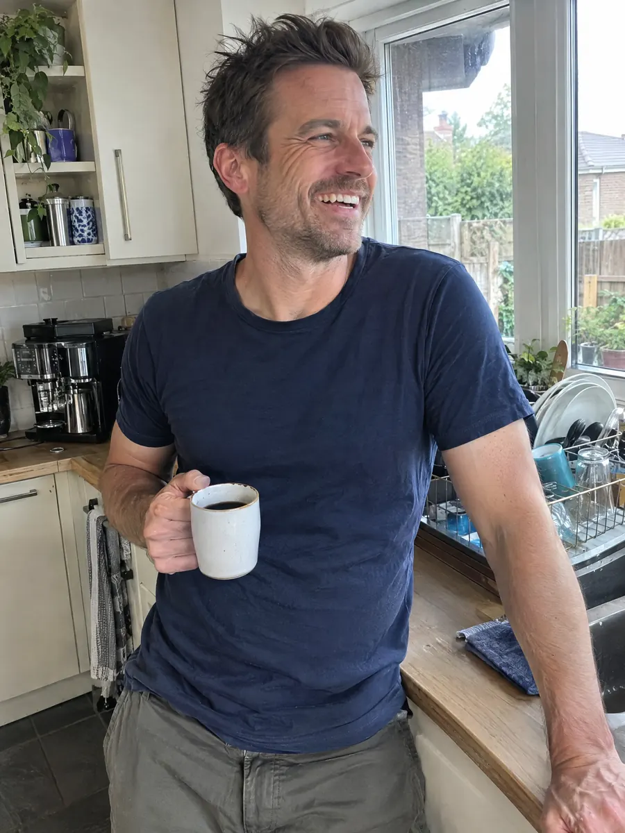A man laughing with his morning coffee in the kitchen