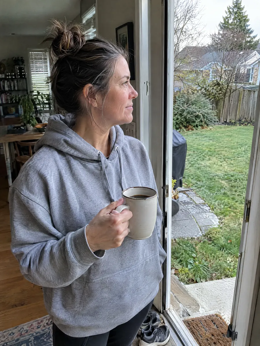Coffee in the morning daylight at the back door