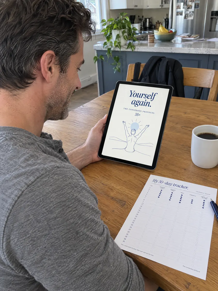 Reading Yourself Again on an iPad at the kitchen table, the printed tracker beside him