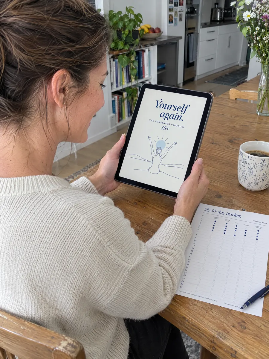 Reading Yourself Again on an iPad at the kitchen table, the printed tracker beside her