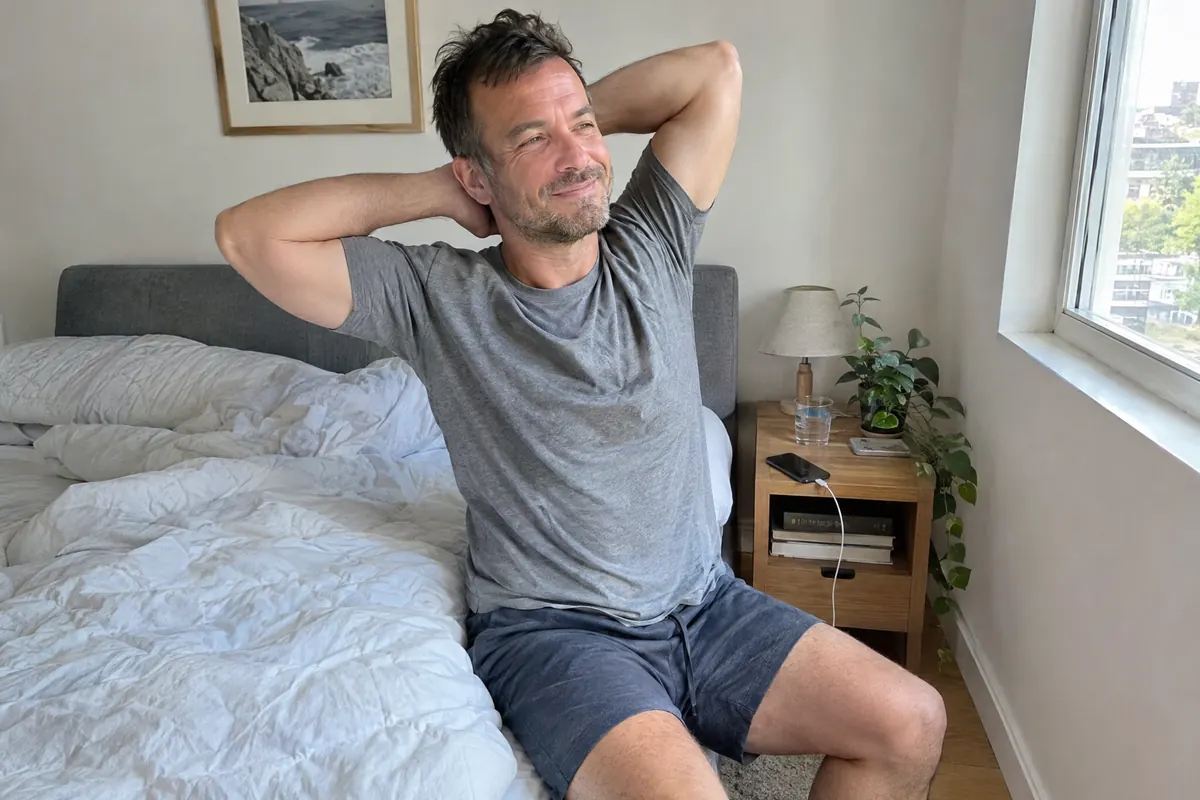 A man sitting on the edge of his bed, rested, in the morning